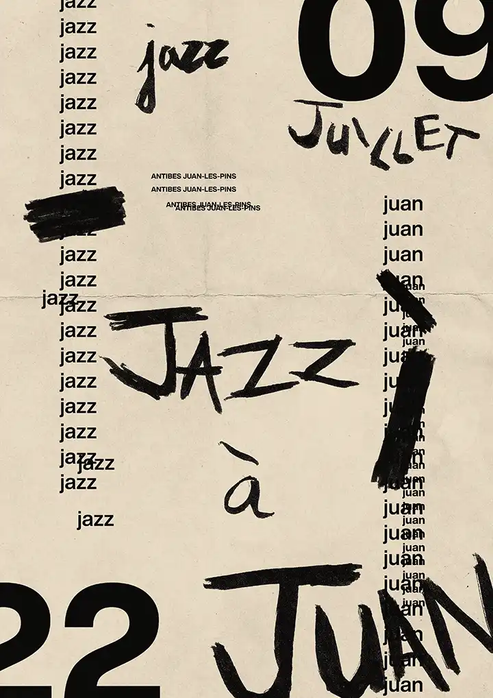 First poster for the music festival Jazz à Juan. Association of typographies and marker textures.