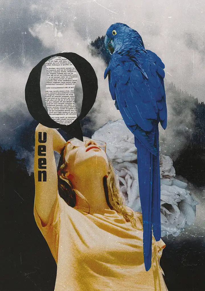 Collage of a woman and parrot. The word Queen is written on her arm with Letraset.