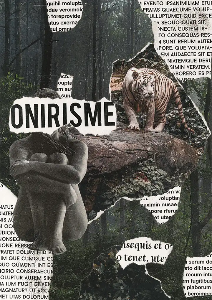 Collage of woman sitting down, a tiger and pieces of newspapers. Background representing a forest.