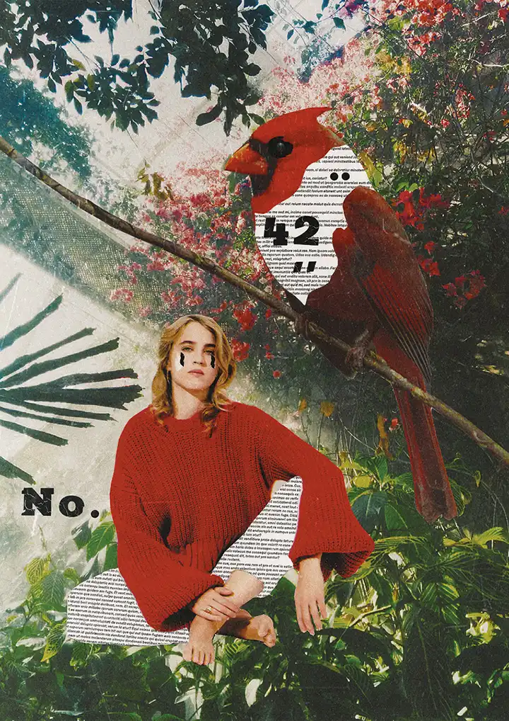 Collage of a woman and a red bird. Flowerful landscape.